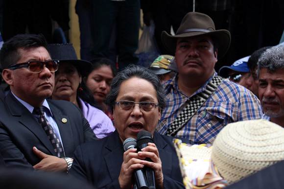 Morán addressing crowds with Daniel Pascual Hernández (behind her, to the right), Director of the Campesino Unity Committee and prominent human rights defender. Photograph courtesy of Sandra Morán.