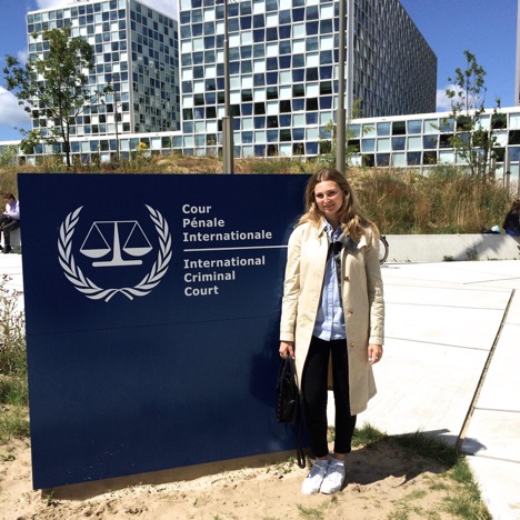 Sarah Firestone in front of the International Criminal Court