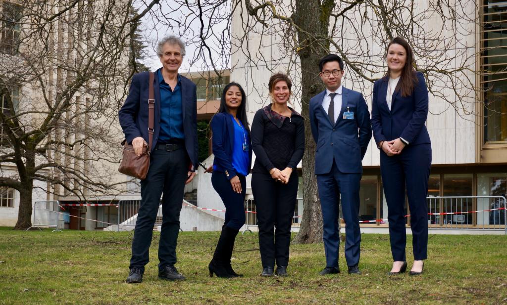 Leilani Farha, the UN Special Rapporteur on the right to adequate housing, with her team in front of the UN Office at Geneva. From left to right: Bruce Porter, senior advisor to the Special Rapporteur; Yashwinie Shivanand, MGA candidate at the Munk School of Global Affairs; Karlson Leung, JD candidate at the University of Toronto’s Faculty of Law; and Faye Williams, JD/MGA candidate at the University of Toronto’s Faculty of Law and the Munk School of Global Affairs. Photograph courtesy of Karlson Leung.