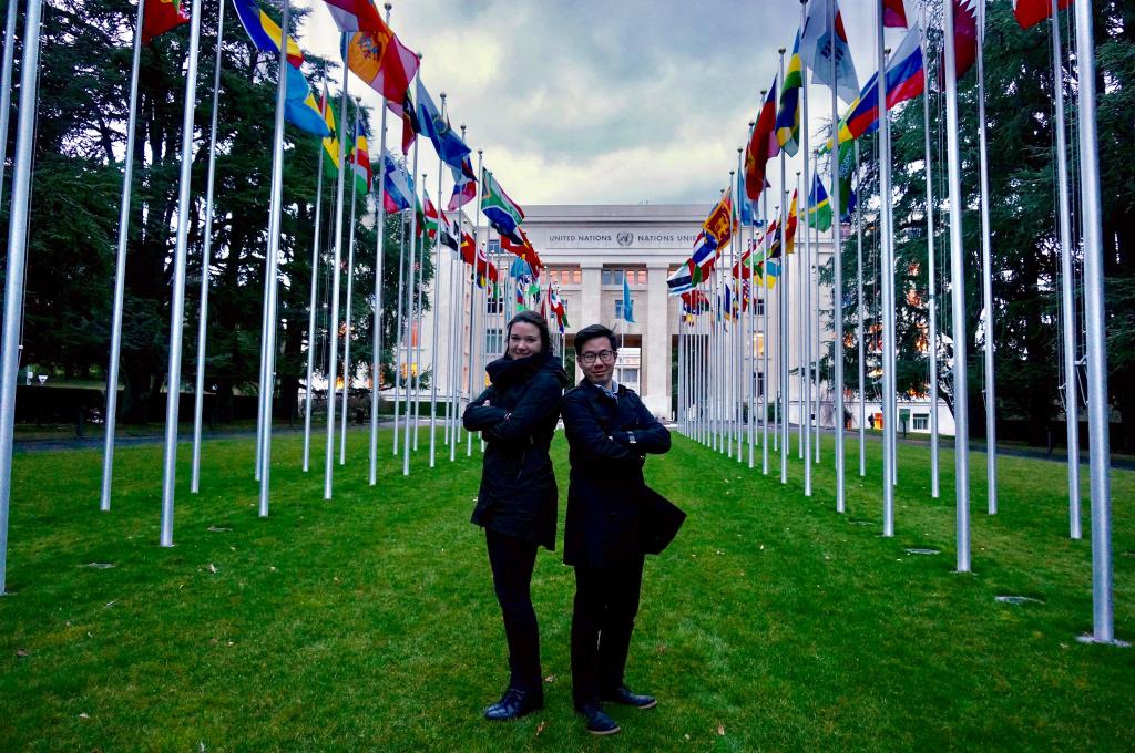 The authors, Faye and Karlson, striking a pose in front of the UN Office at Geneva. Photograph courtesy of Karlson Leung.