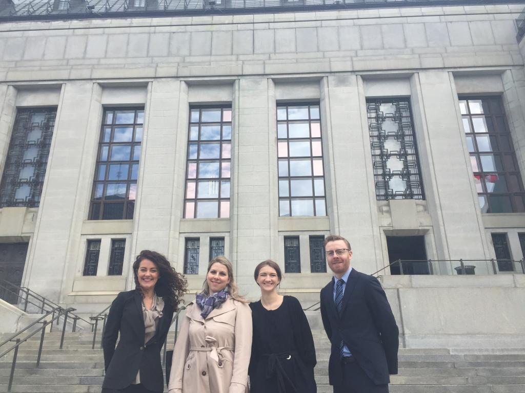 Members of the intervenor coalitions outside the Supreme Court of Canada during the R v Vice Media procedure. (From left to right) Petra Molnar, IHRP Researcher, Margaux Ewen, North America Director for Reporters Without Borders, Alexandra Ellerbeck, North America Program Coordinator for the Committee to Protect Journalists, and Nick Taylor-Vaisey, then President of the Canadian Association of Journalists.