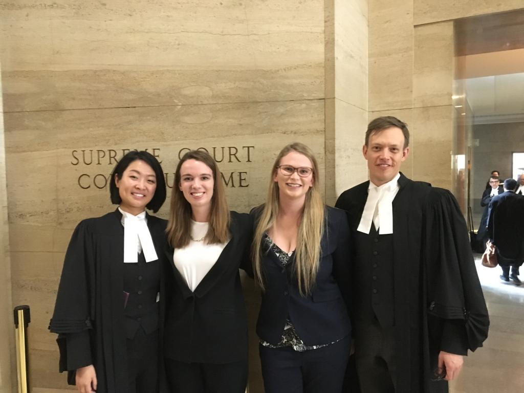 The IHRP legal team at the Supreme Court of Canada. Left to right: Yolanda Song (JD 2017), Madeline Torrie (2L), Nicole Thompson (2L), Cory Wanless (JD 2008).