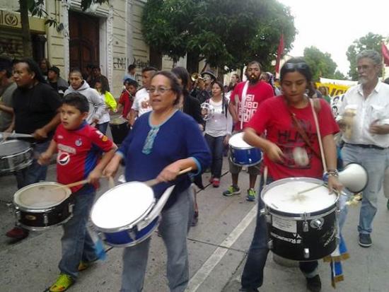 Morán drumming at a rally along with Guatemalan youths in November 2016. Photograph courtesy of Sandra Morán.