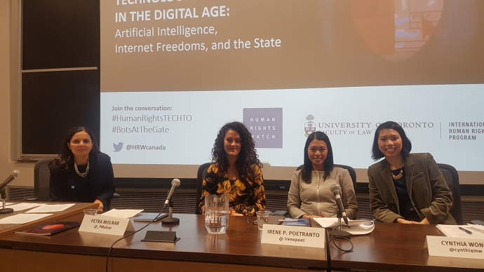 Farida Deif (moderator), Canada director at Human Rights Watch; Petra Molnar, technology and human rights researcher at the IHRP; Irene Poetranto, senior researcher at the Citizen Lab; and Cynthia Wong, internet and human rights researcher at Human Rights Watch